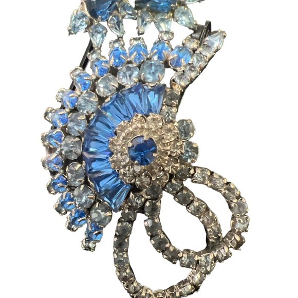 Vintage Sherman Brooch Earrings Dome Signed Blue Rhinestones CrystalSwarovski